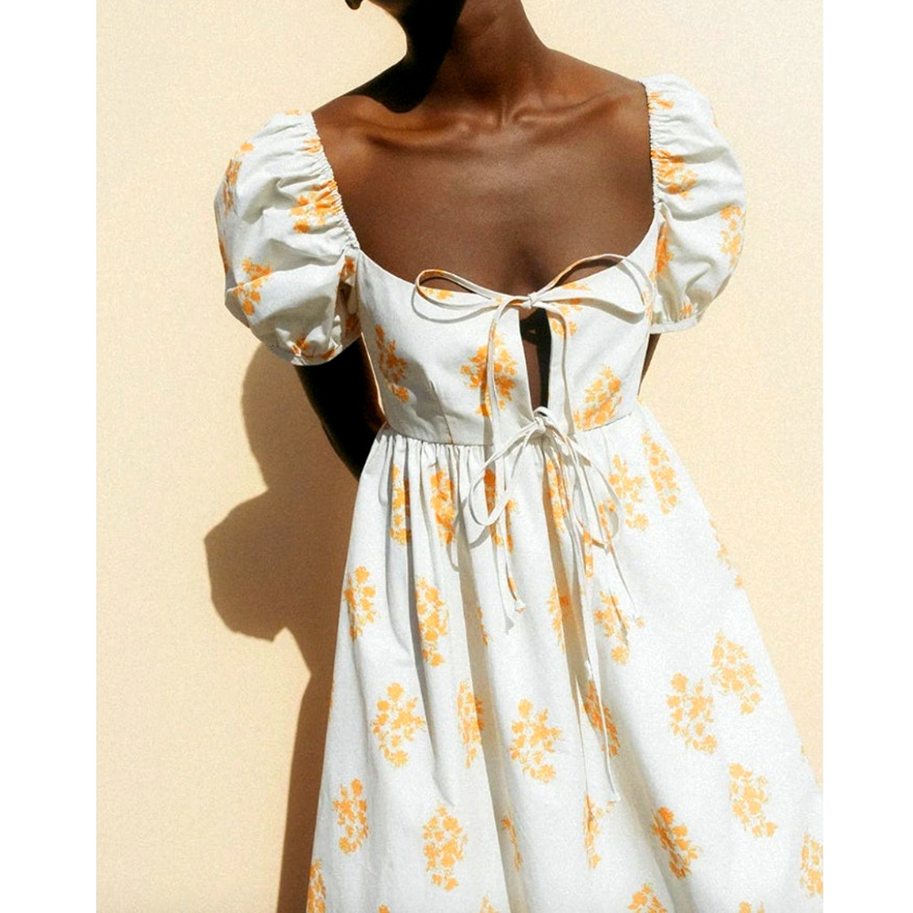 Ciao Lucia XS Puff Sleeve Alessia Midi Dress Ivory Yellow Floral Empire Milkmaid